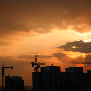 Beautiful sunset at the construction site